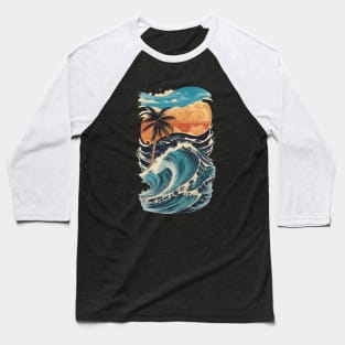 waves palm tree beautiful sunset beach graphic Baseball T-Shirt